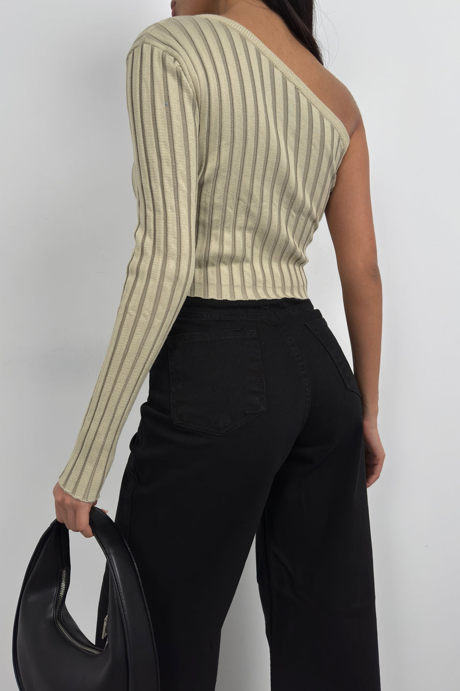 Single Sleeve Ribbed Beige Knit Blouse 