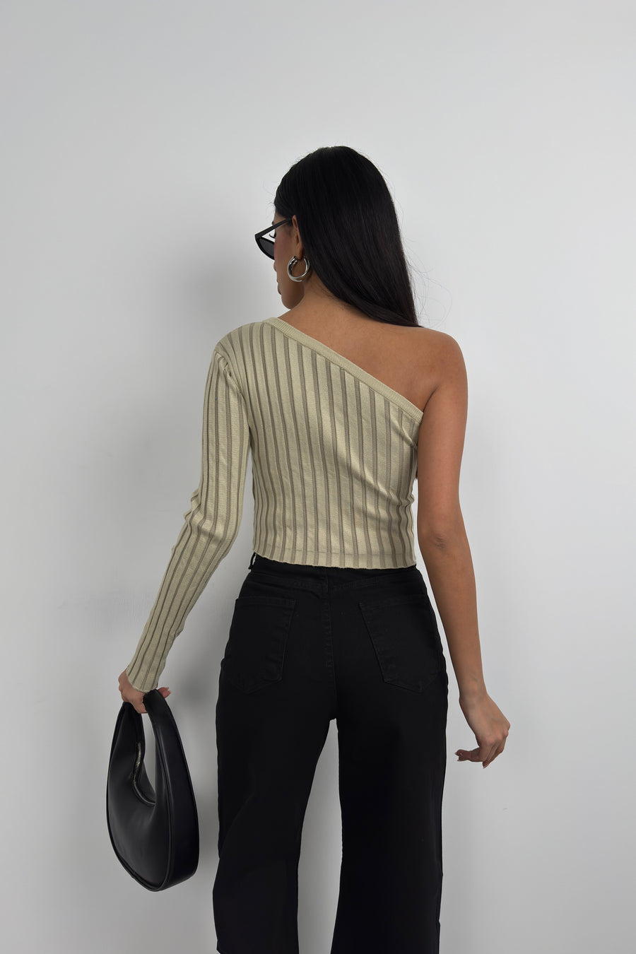 Single Sleeve Ribbed Beige Knit Blouse 