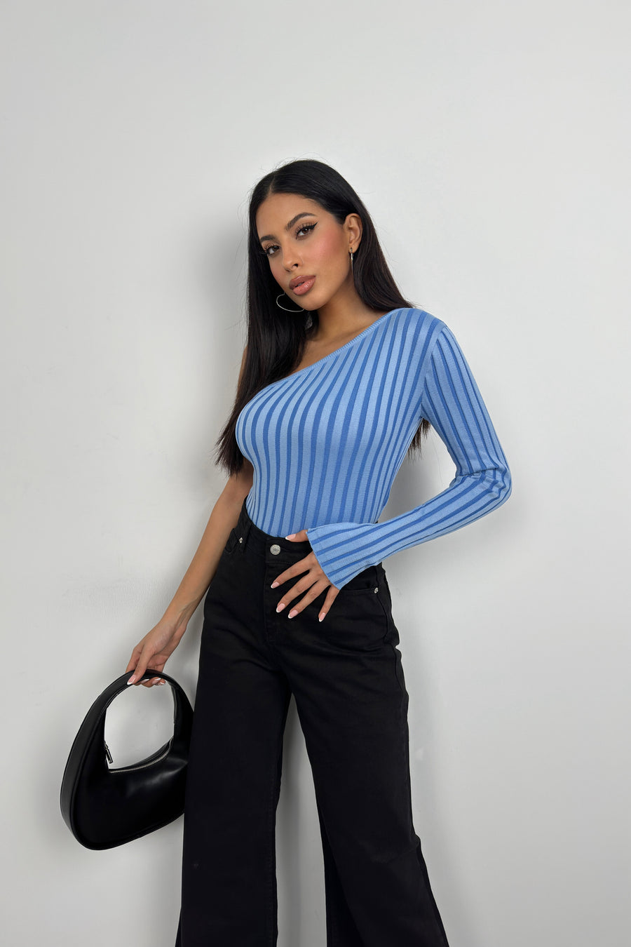 Single Sleeve Ribbed Blue Knit Blouse 