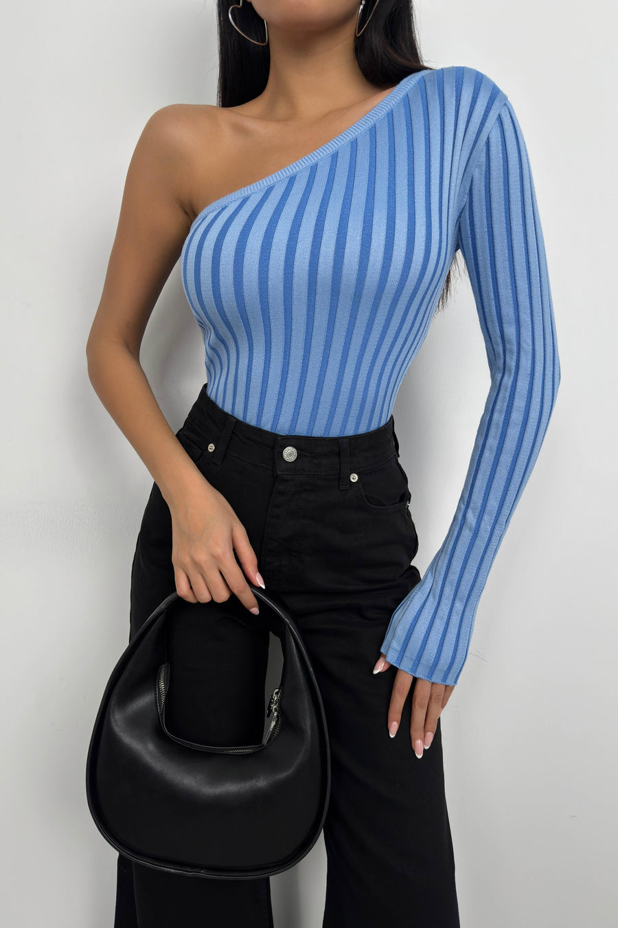 Single Sleeve Ribbed Blue Knit Blouse 