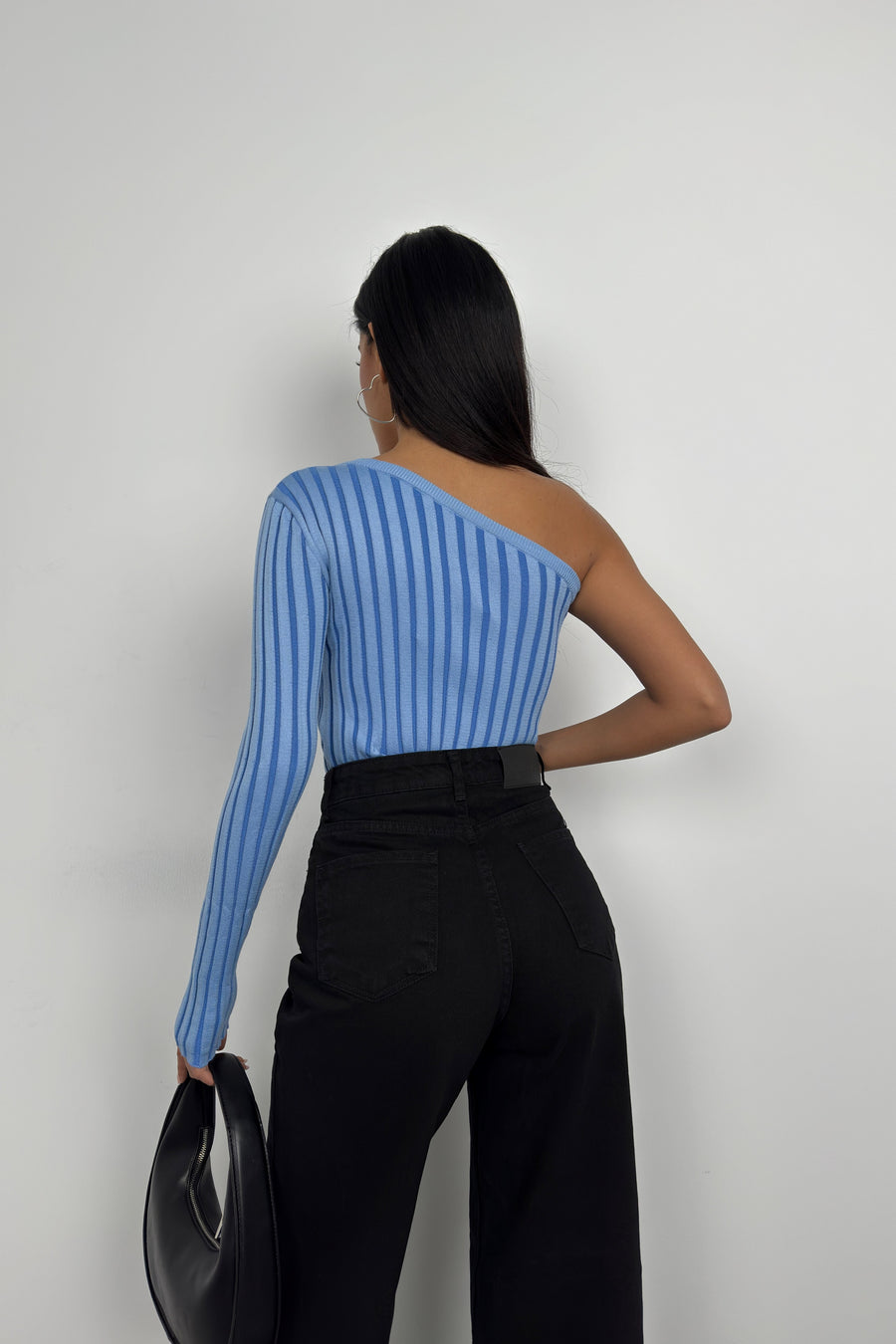 Single Sleeve Ribbed Blue Knit Blouse 