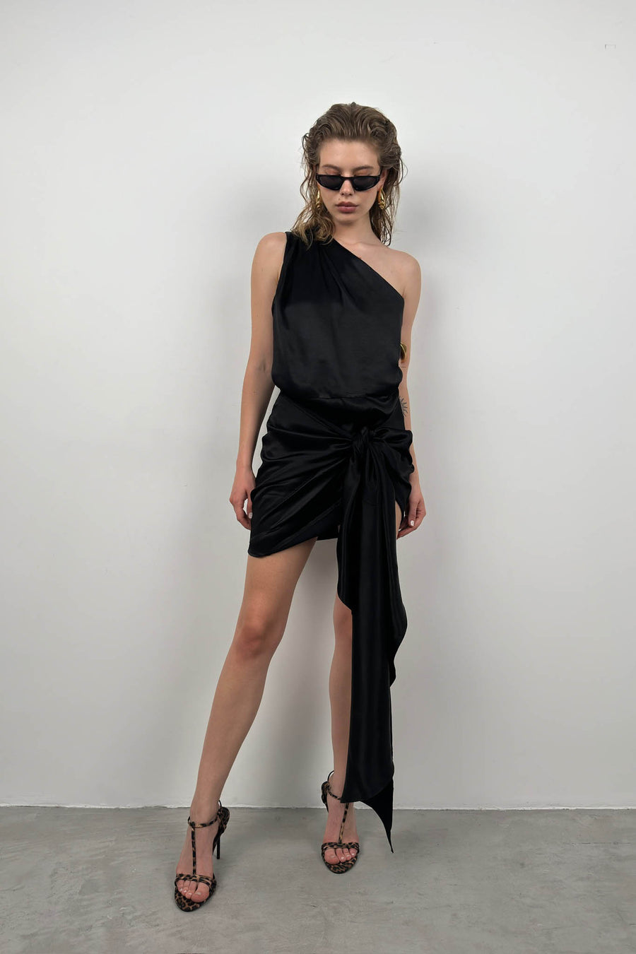 One Shoulder Wrap Black Dress 