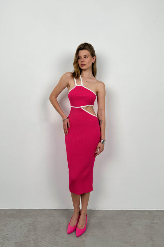 One Shoulder Low-Cut Fuchsia Dress 