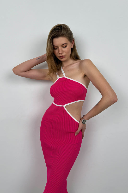 One Shoulder Low-Cut Fuchsia Dress 