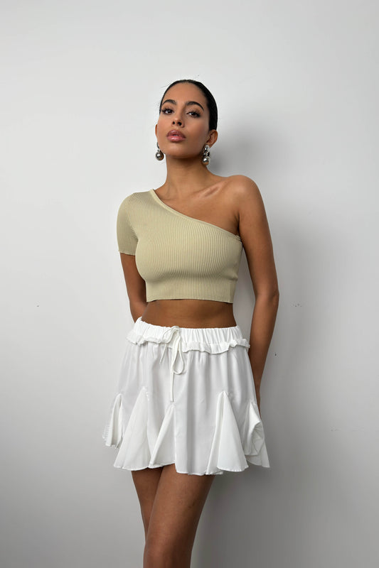 One Shoulder Beige Crop Blouse 