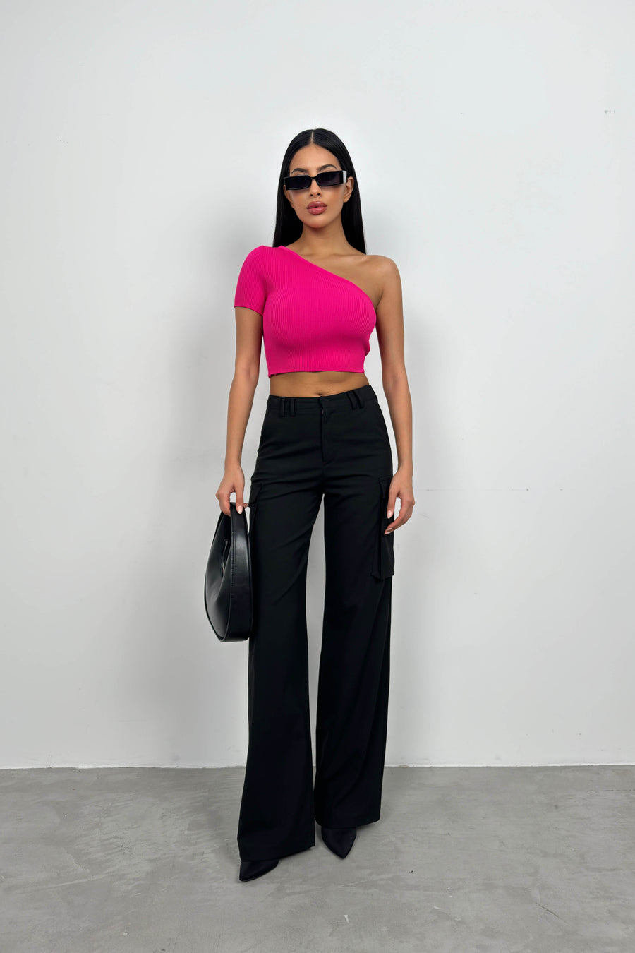 One Shoulder Fuchsia Crop Blouse 