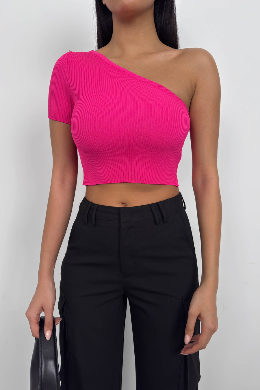 One Shoulder Fuchsia Crop Blouse 