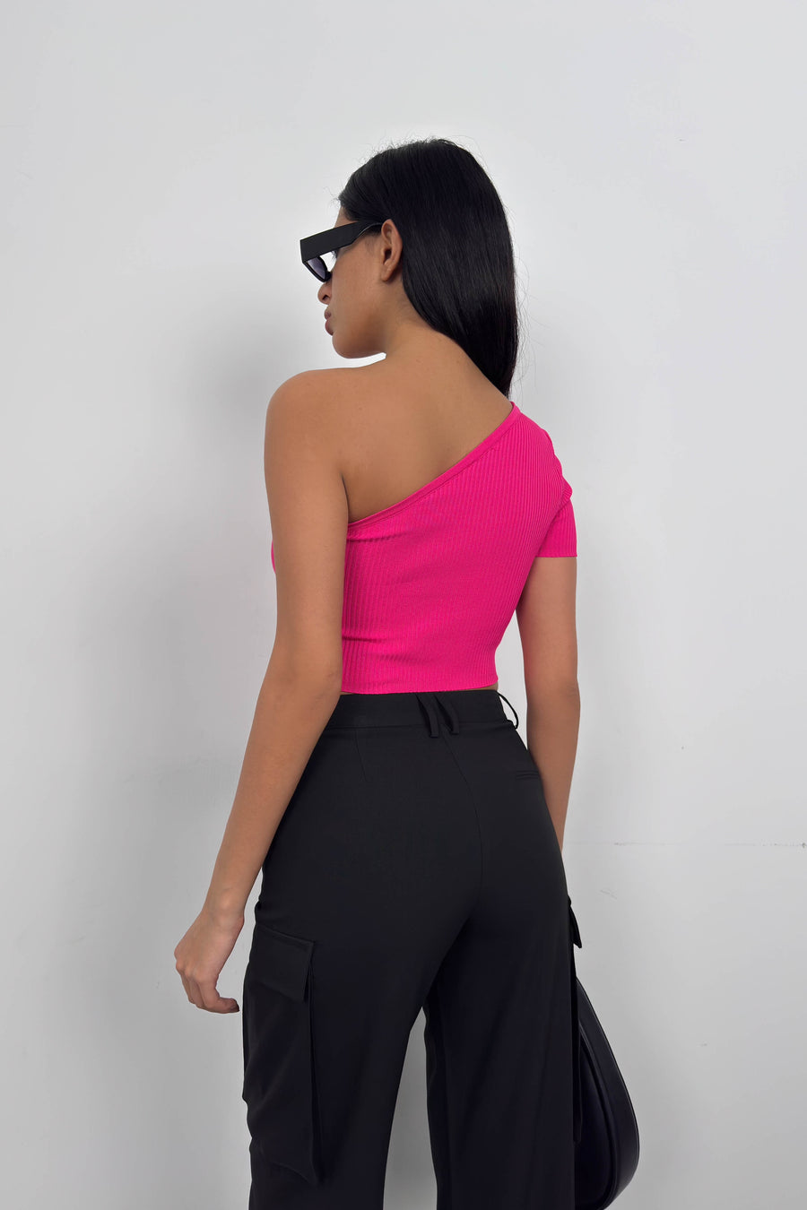 One Shoulder Fuchsia Crop Blouse 