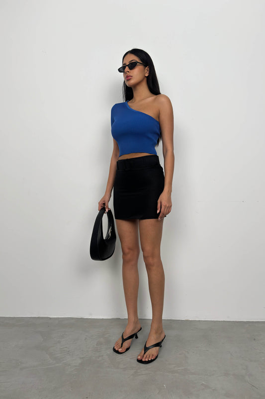 One Shoulder Saxe Crop Blouse 