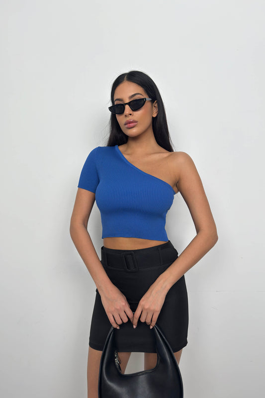 One Shoulder Saxe Crop Blouse 