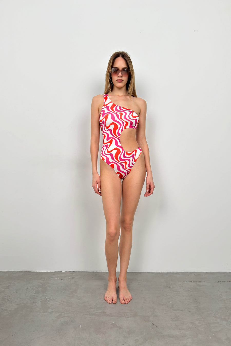 One Shoulder Patterned Pink Swimsuit 