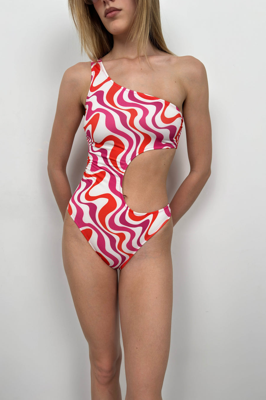 One Shoulder Patterned Pink Swimsuit 