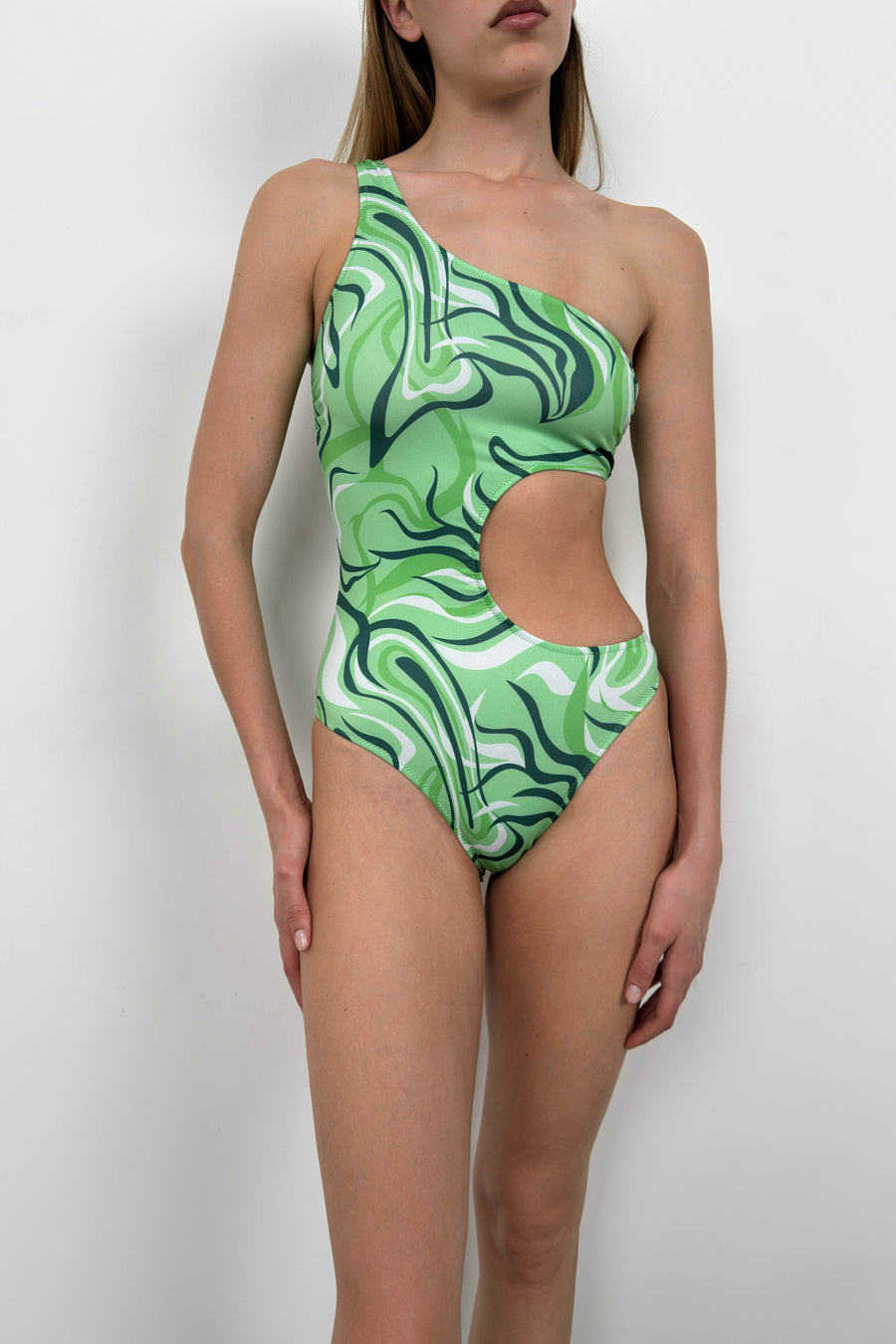 One Shoulder Patterned Green Swimsuit