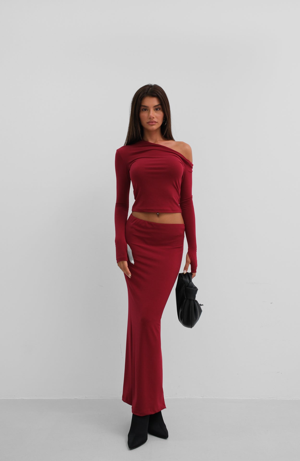 One Shoulder Burgundy Draped Blouse