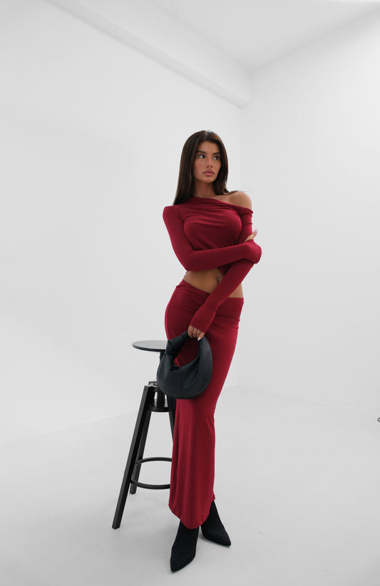 One Shoulder Burgundy Draped Blouse