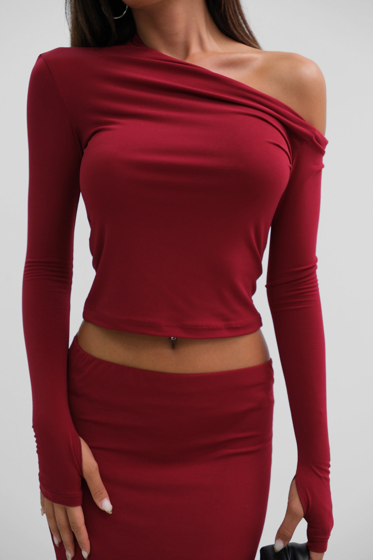 One Shoulder Burgundy Draped Blouse