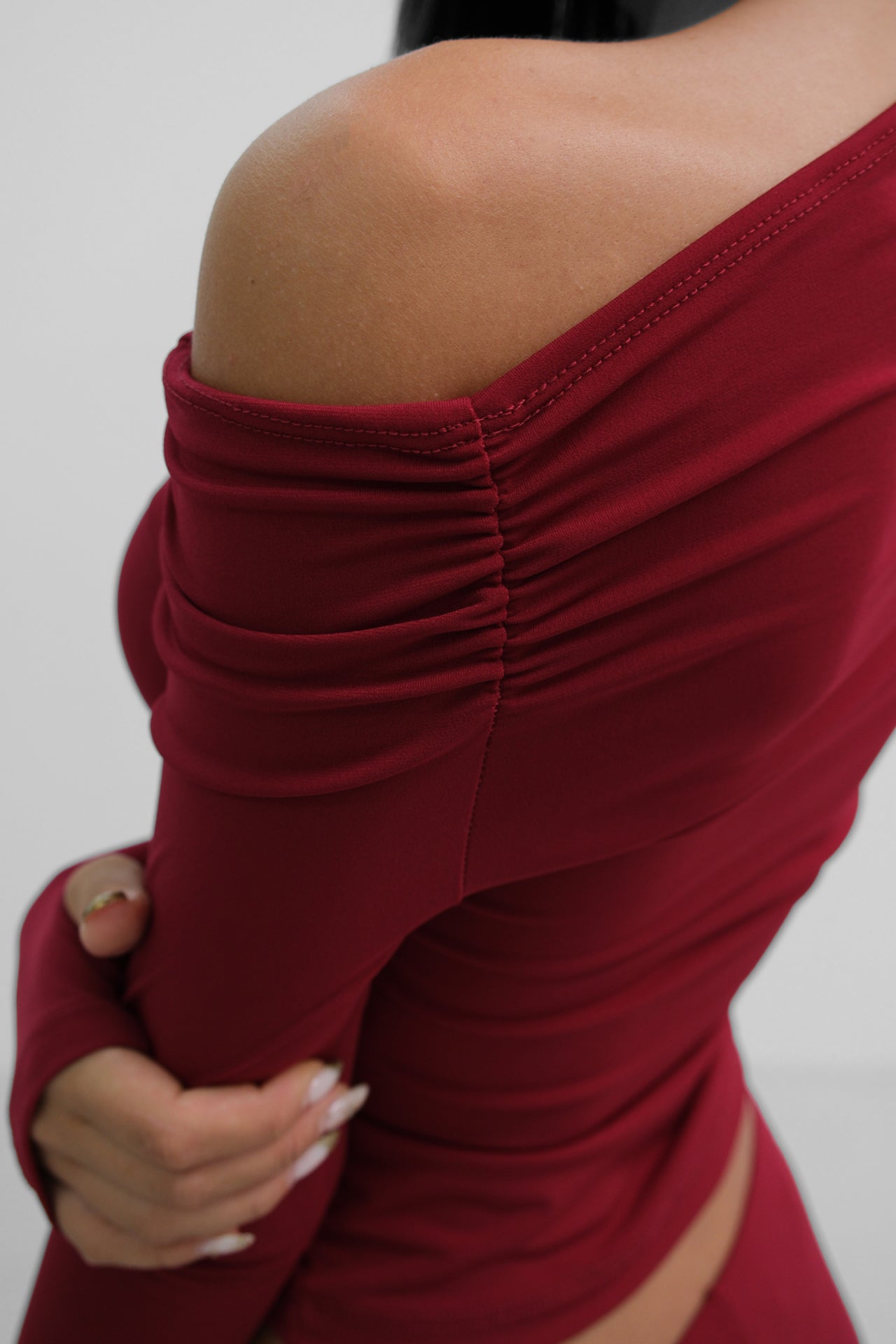 One Shoulder Burgundy Draped Blouse