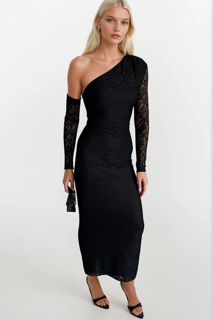 Tek Omuz Kol Aksesuar Detay Maxi Siyah Güpür Elbise