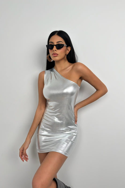 One Shoulder Silver Mini Dress 