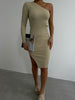 One Shoulder Slit Beige Knit Dress 