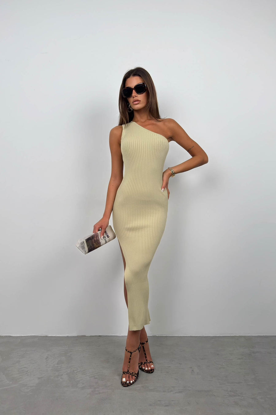 One Shoulder Slit Beige Dress 