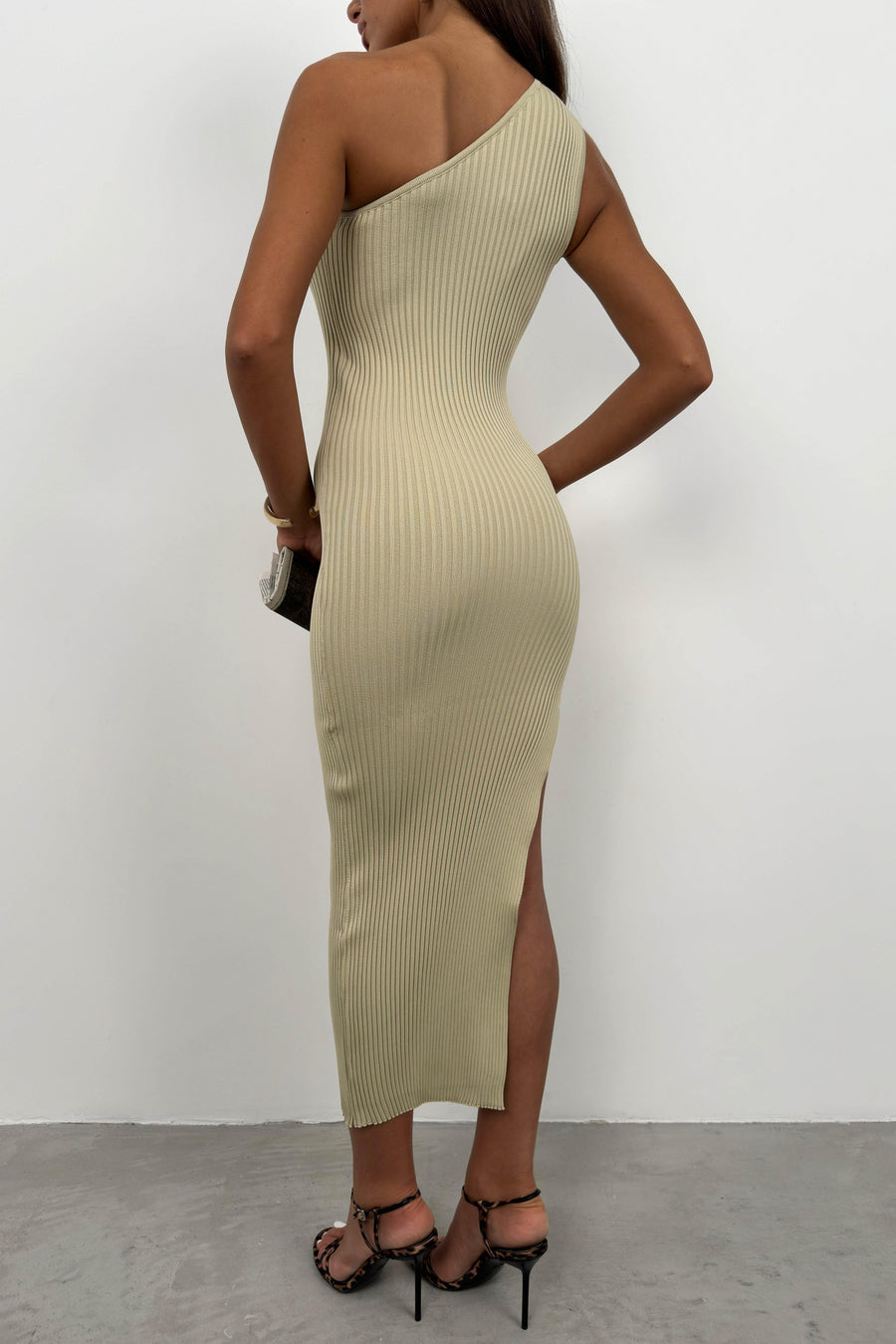 One Shoulder Slit Beige Dress 