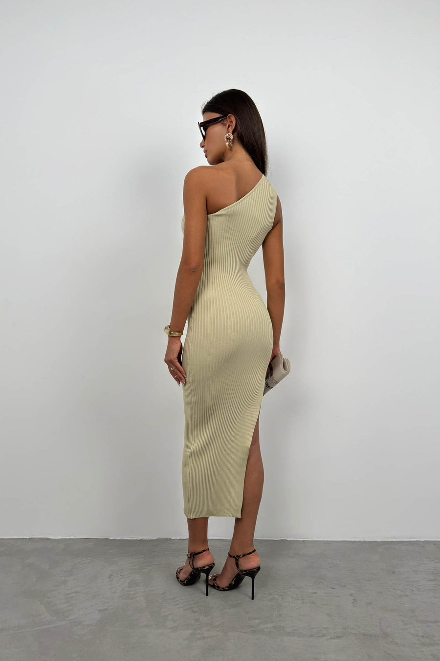 One Shoulder Slit Beige Dress 