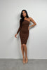 One Shoulder Slit Brown Knit Dress 