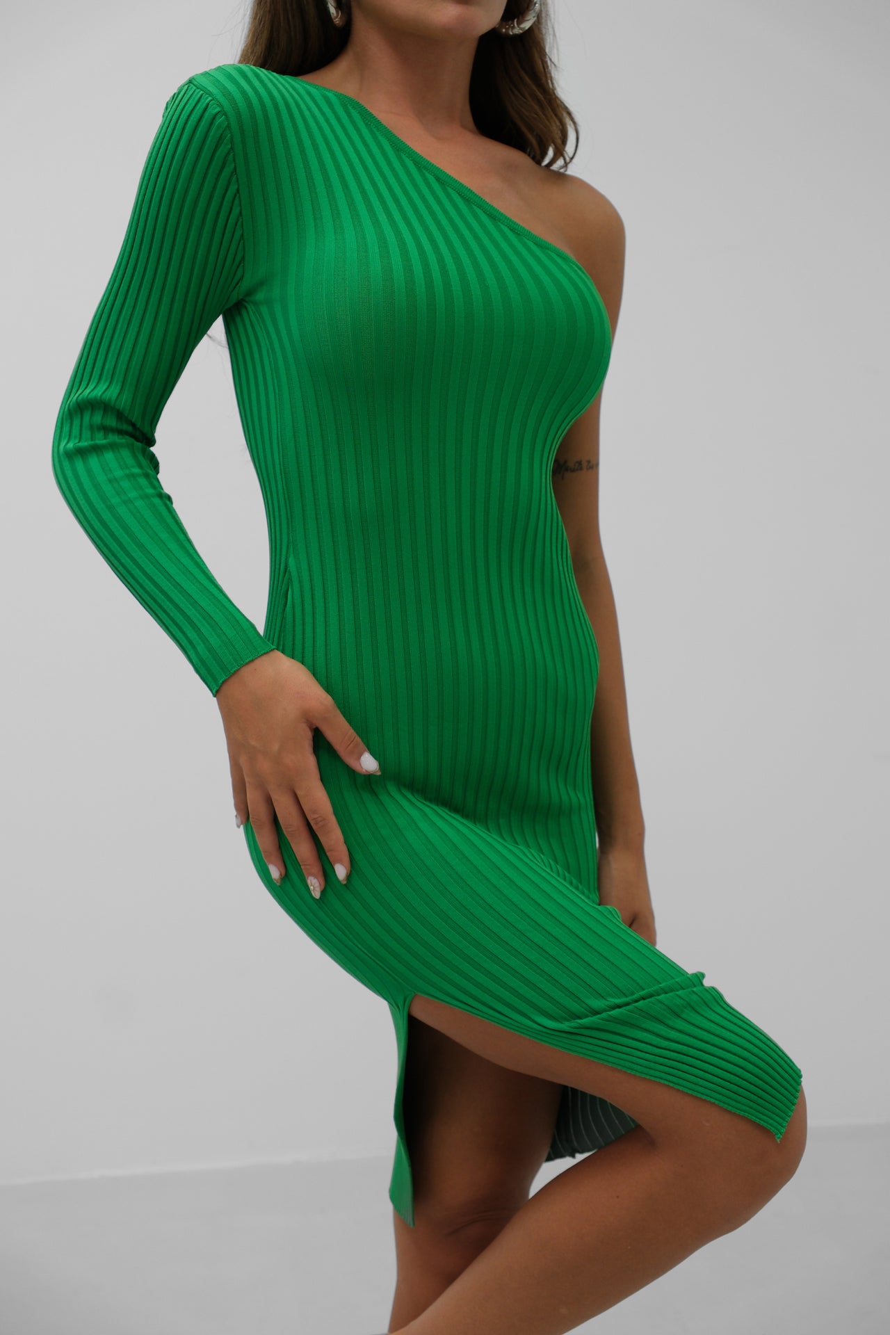 One Shoulder Slit Knit Dress