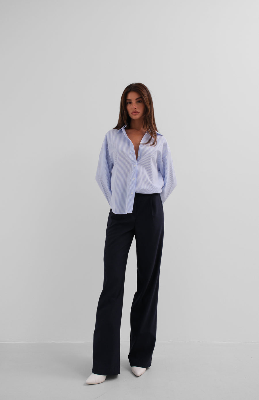 Single Pleated Navy Blue Wide Leg Trousers 