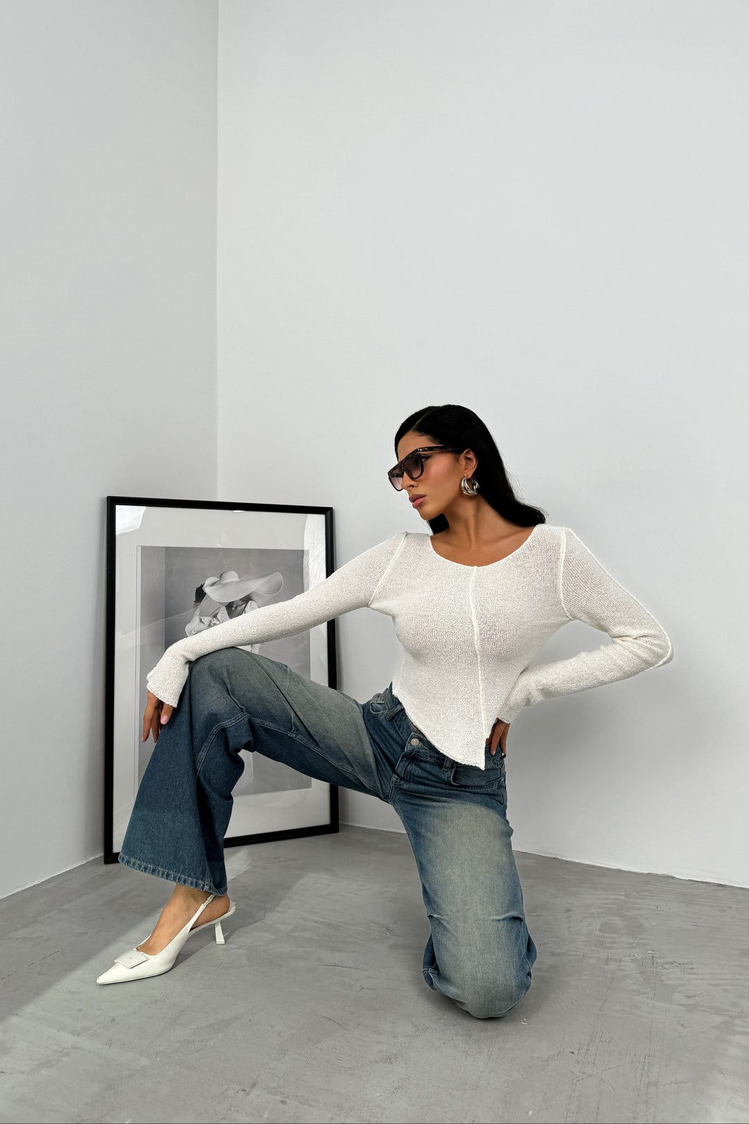 Ters Dikiş Detay Ekru Triko Bluz