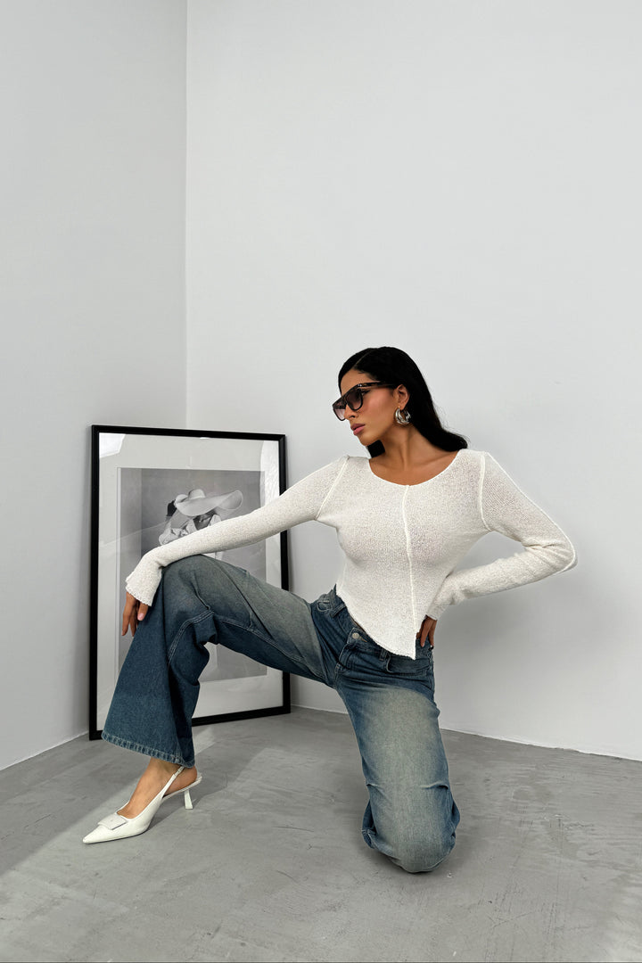 Ters Dikiş Detay Ekru Triko Bluz