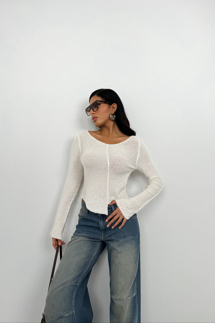 Ters Dikiş Detay Ekru Triko Bluz