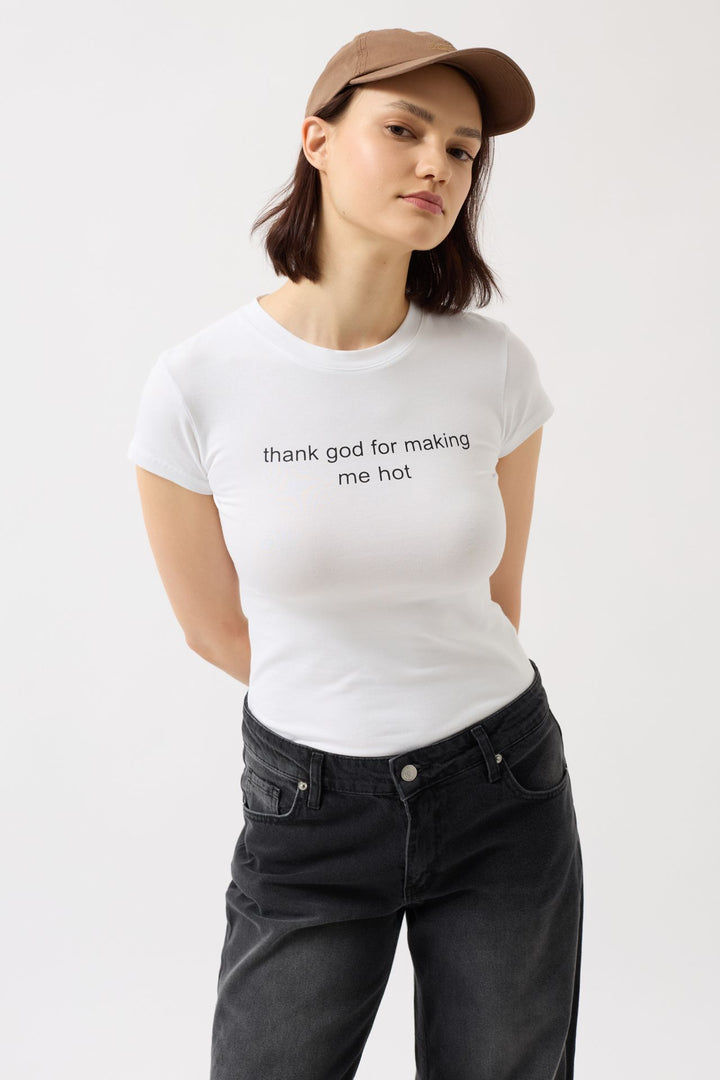 Thanks God Baskılı Likralı Crop Beyaz T-Shirt