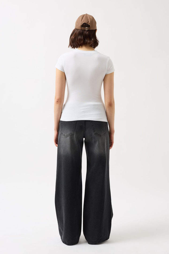 Thanks God Baskılı Likralı Crop Beyaz T-Shirt