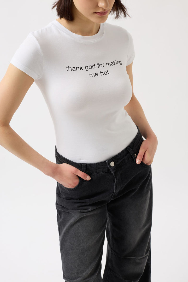 Thanks God Baskılı Likralı Crop Beyaz T-Shirt