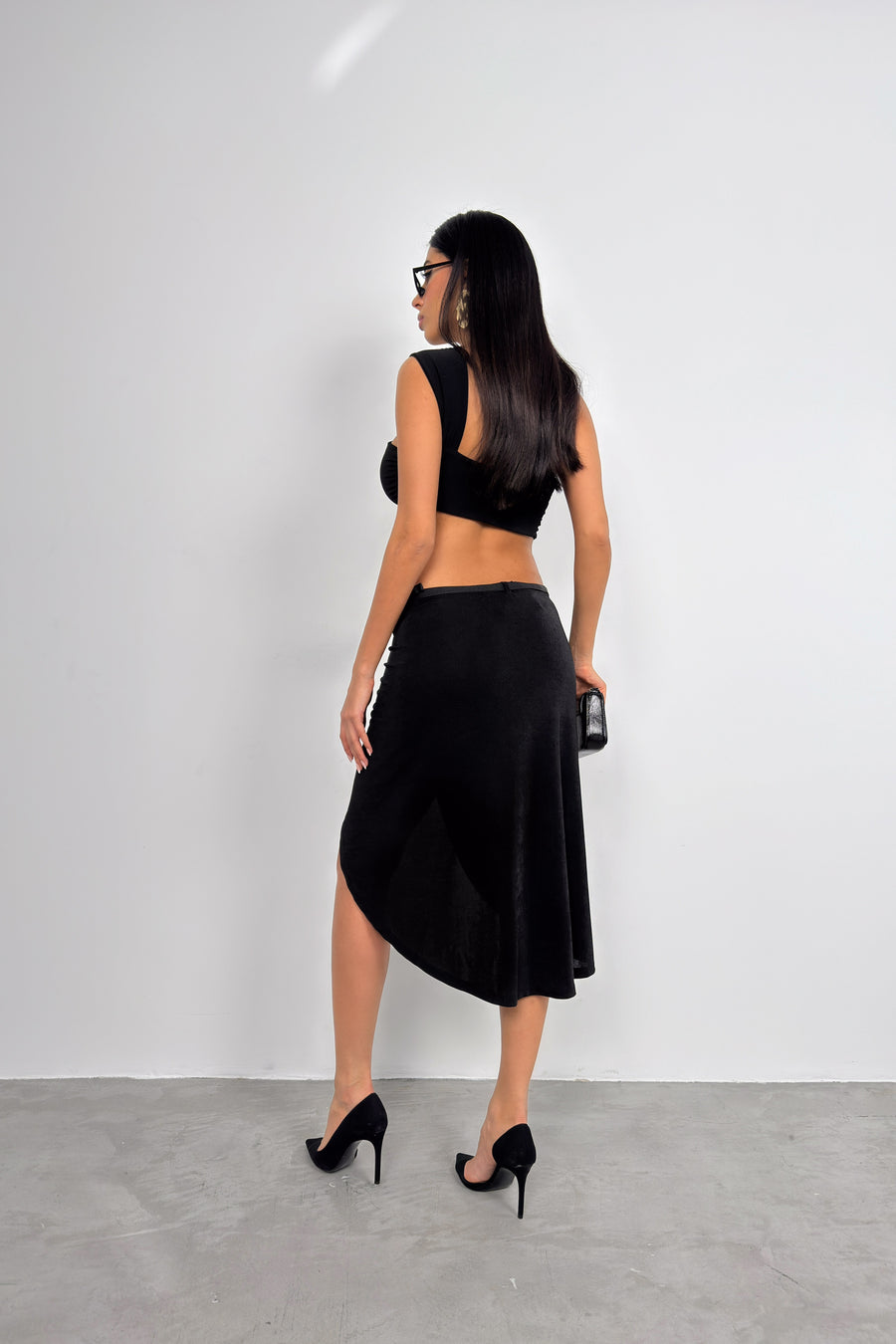 Buckle Detail Asymmetrical Black Skirt 