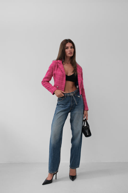 Tweed Crop Fuchsia Blazer Jacket 