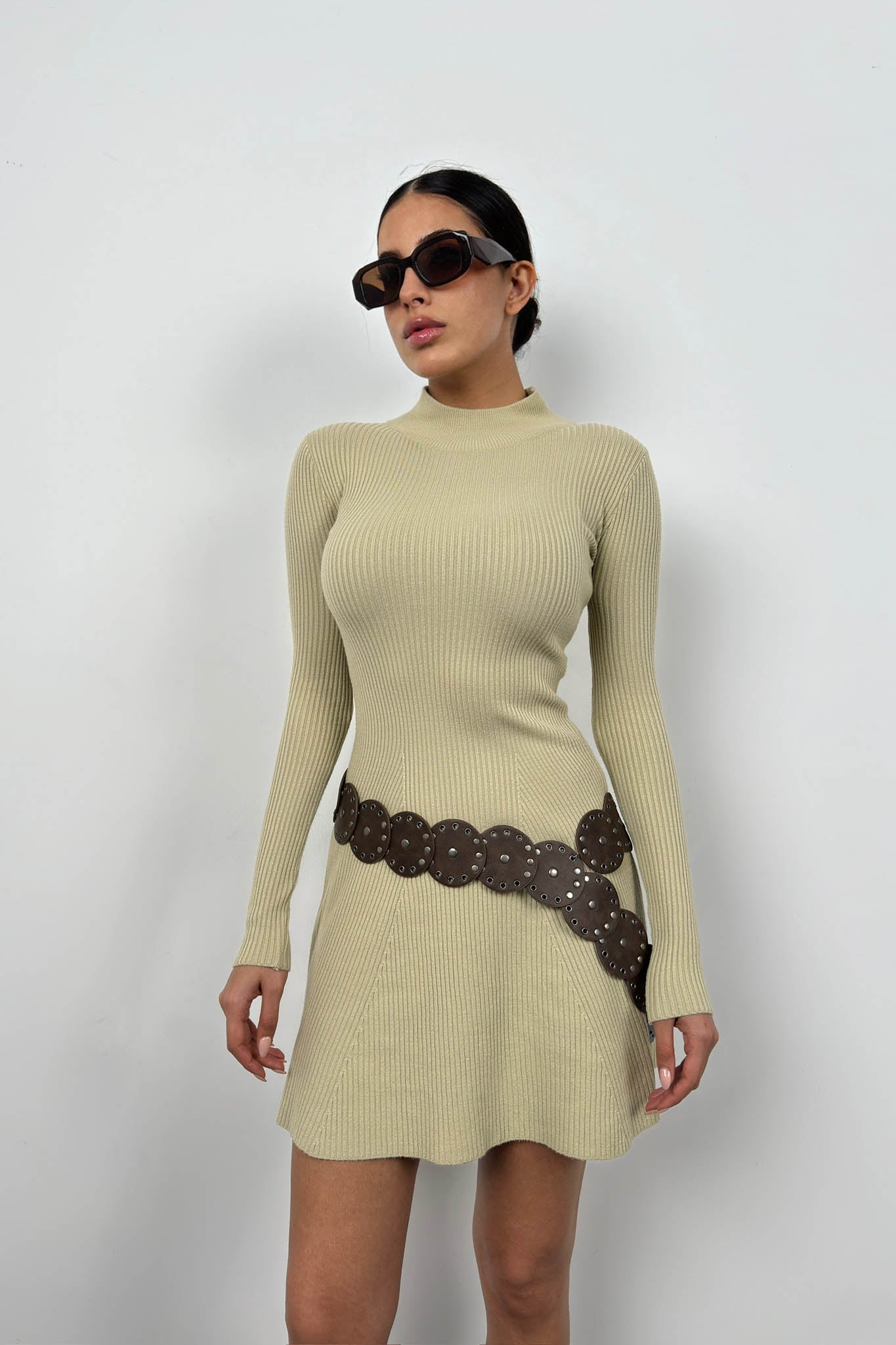 Long Sleeve A-Line Beige Dress 