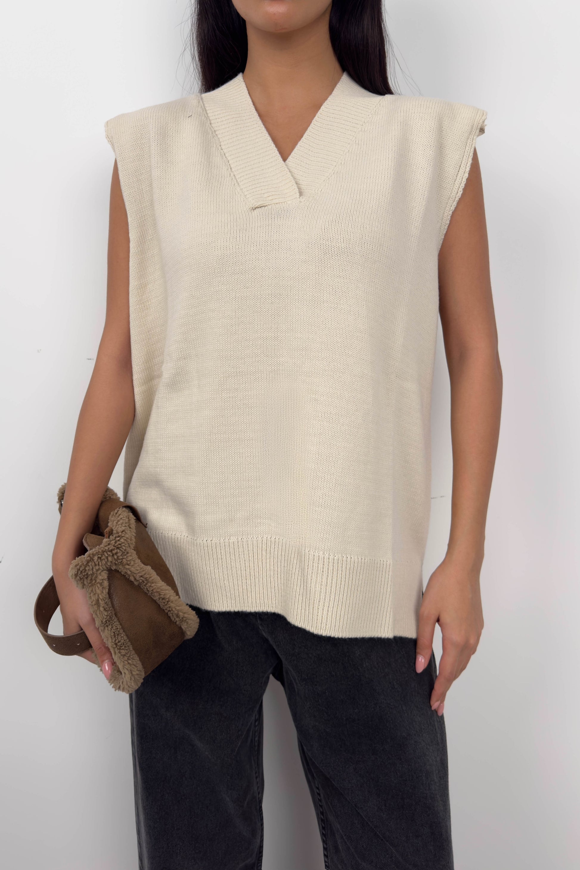 V Neck Beige Oversize Sweater 