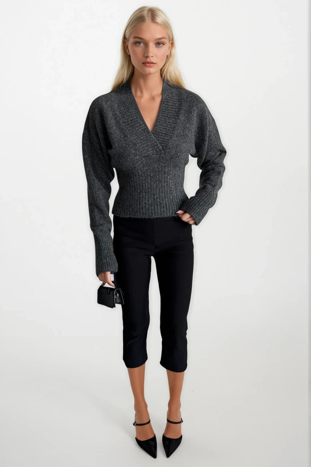 V Yaka Bel Oturtmalı Antrasit Triko Kazak