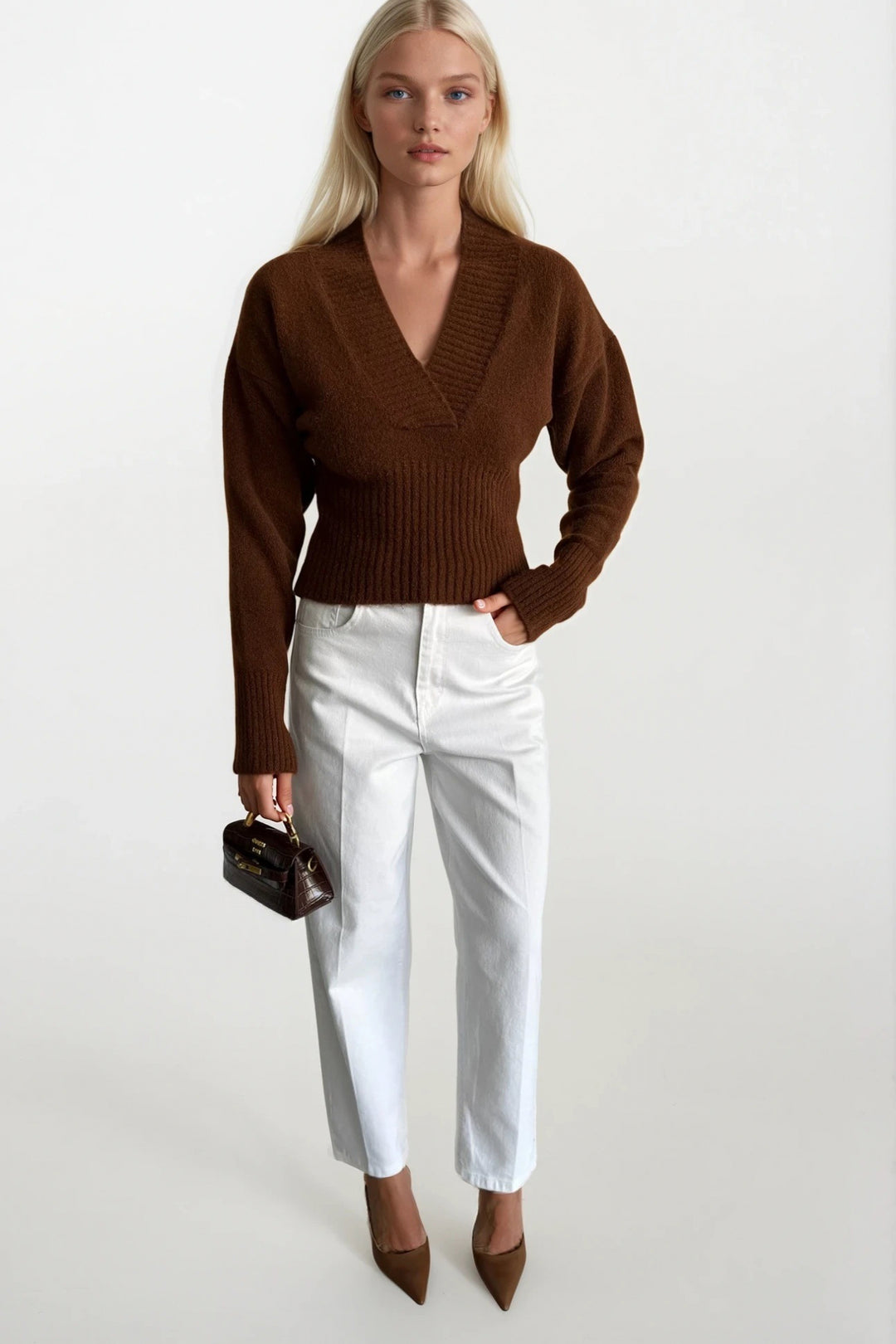 V Yaka Bel Oturtmalı Kahverengi Triko Kazak