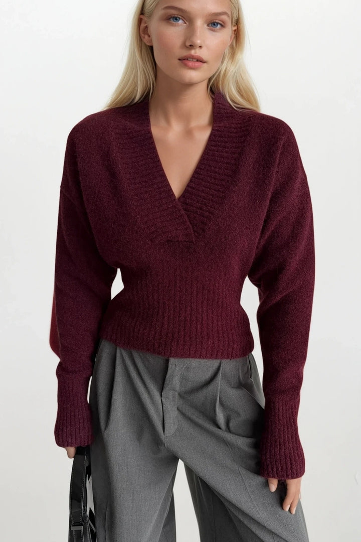 V Yaka Bel Oturtmalı Bordo Triko Kazak