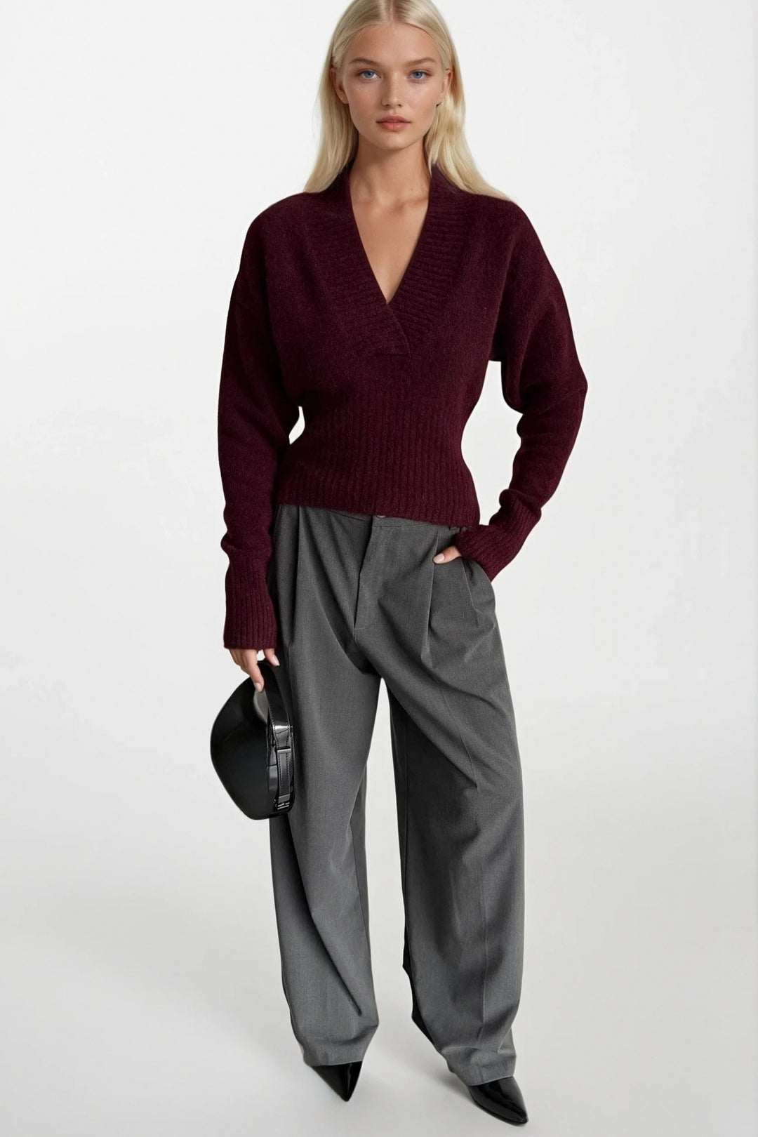 V Yaka Bel Oturtmalı Bordo Triko Kazak