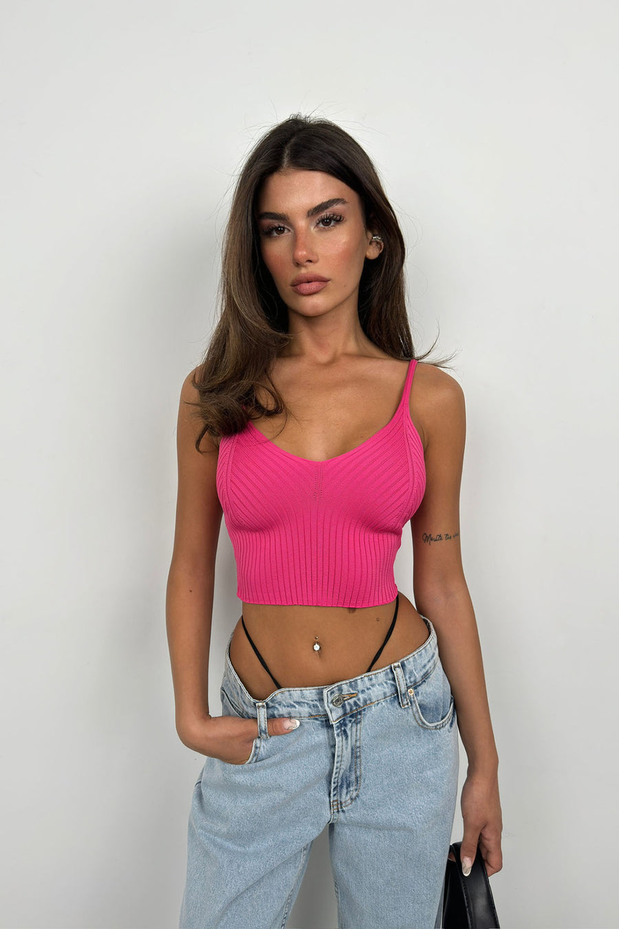 V Neck Pink Crop Blouse 