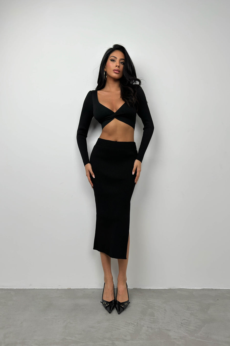 V Neck Crop Slit Black Maxi Skirt Set 