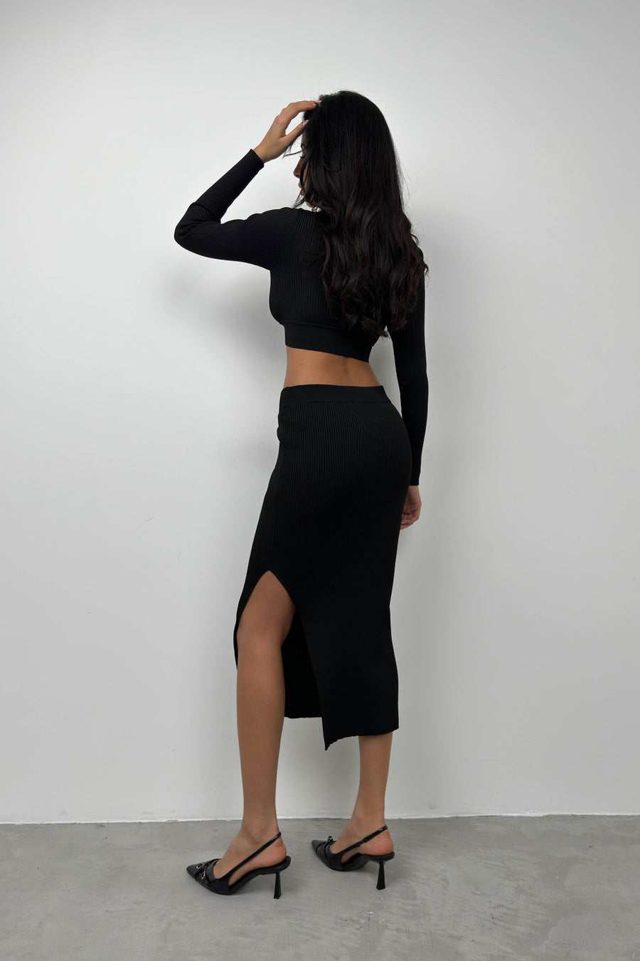 V Neck Crop Slit Black Maxi Skirt Set 