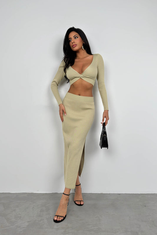 V Neck Crop Slit Beige Maxi Skirt Set 