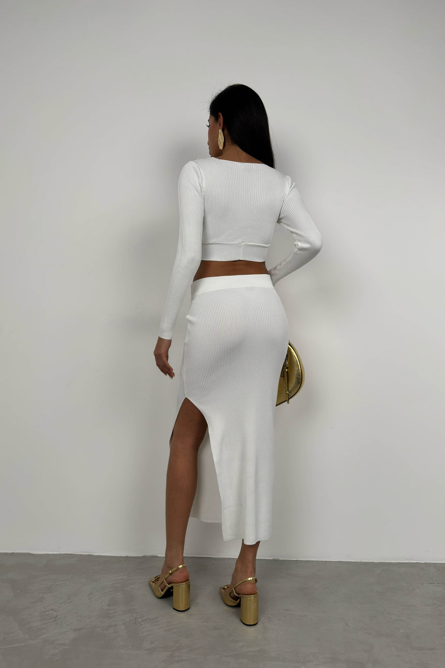 V Neck Crop Slit Ecru Maxi Skirt Set 