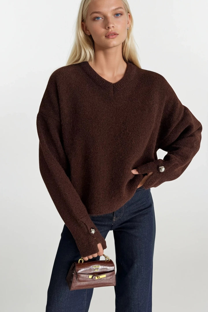 V Yaka Manşet Aksesuar Detay Kahverengi Triko Kazak